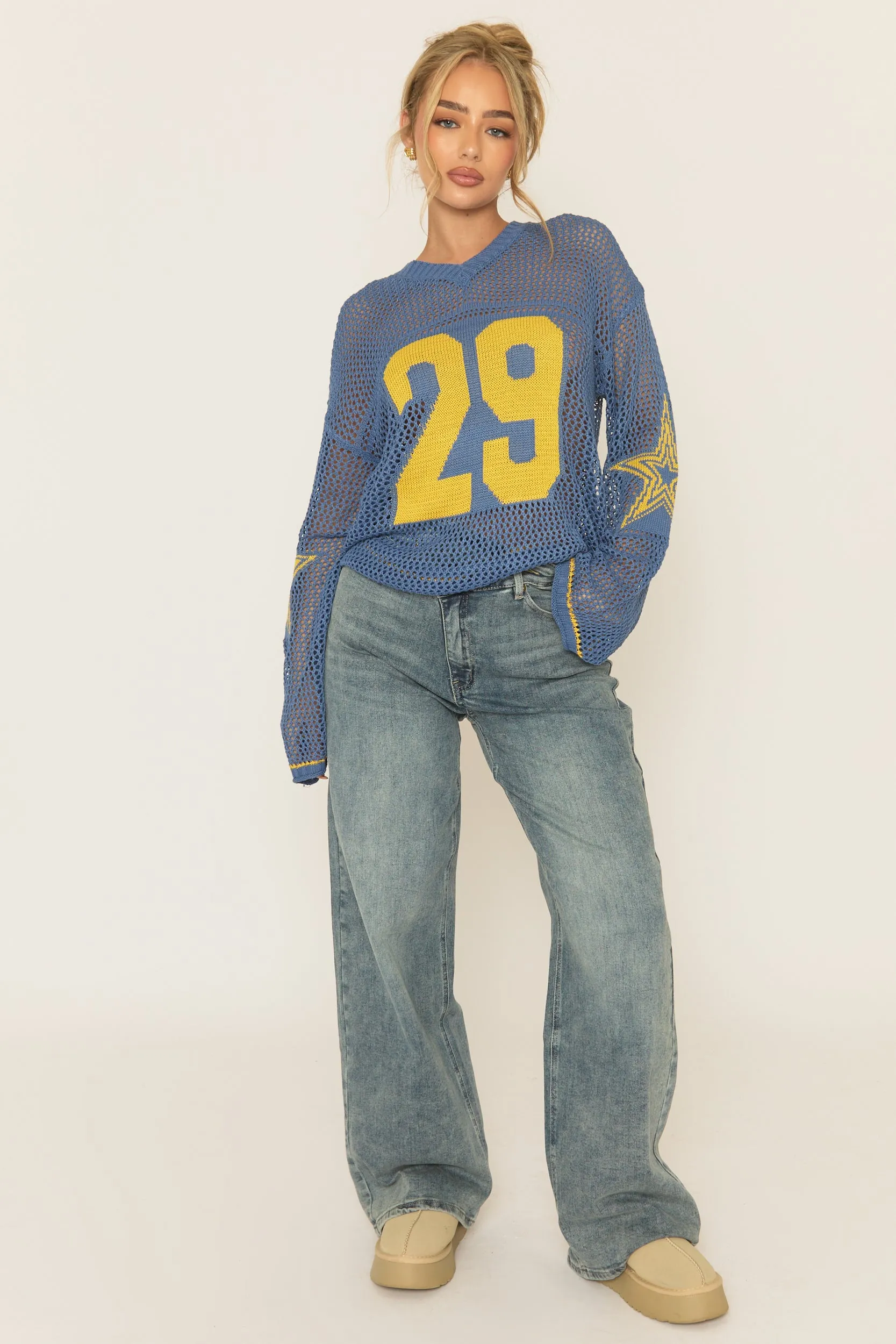 Blue V Neck Varsity Knitted Top - Bryonie sold by Rebellious Fashion product image thumbnail 2