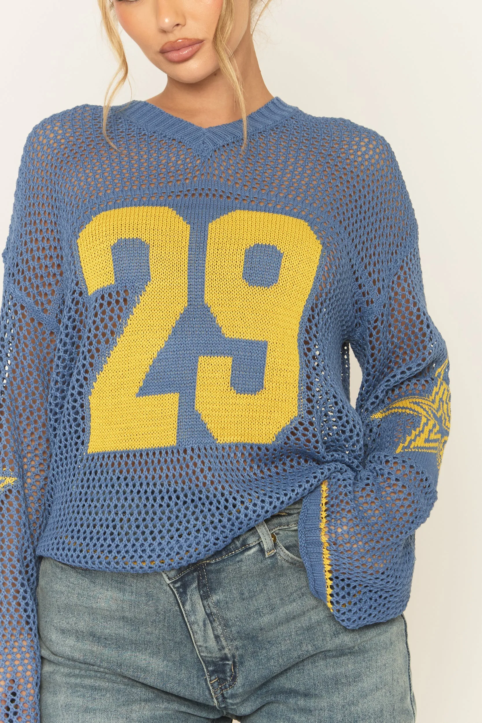 Blue V Neck Varsity Knitted Top - Bryonie sold by Rebellious Fashion product image thumbnail 3