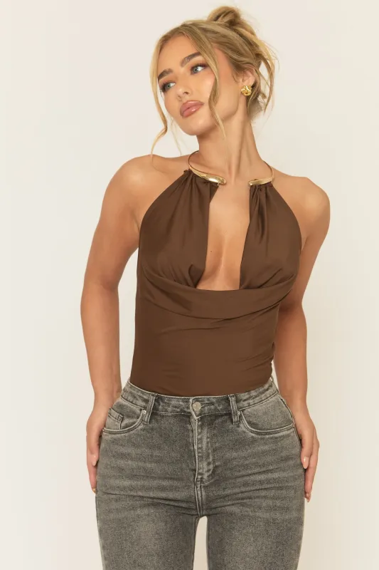 Chocolate Gold Trim Cowl Neck Bodysuit - Irella sold by Rebellious Fashion