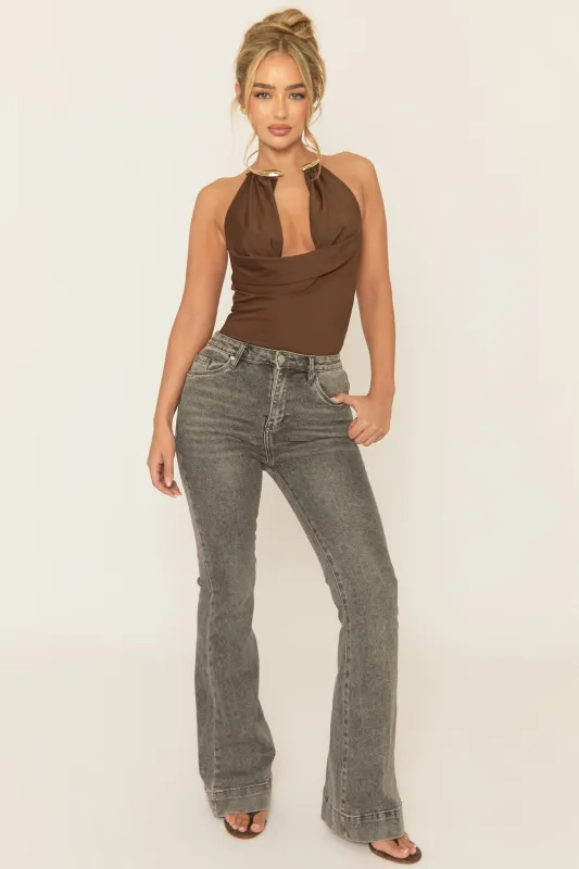 Washed Grey Stretch Flare Denim Jeans - Ronia sold by Rebellious Fashion