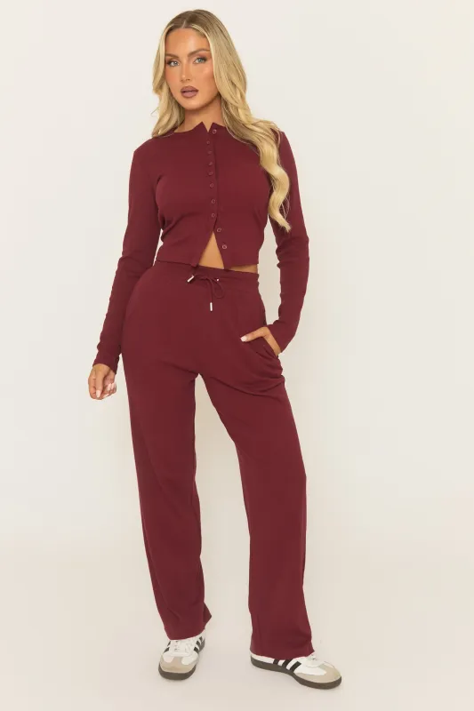 Wine Button Front Long Sleeve Top and Trouser Loungewear Set - Izzabelle sold by Rebellious Fashion