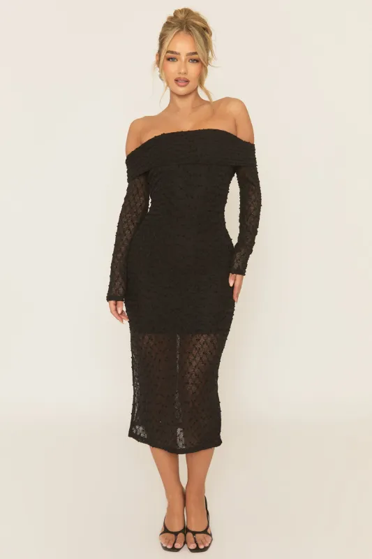 Black Textured Knit Bardot Midaxi Dress - Aafie sold by Rebellious Fashion