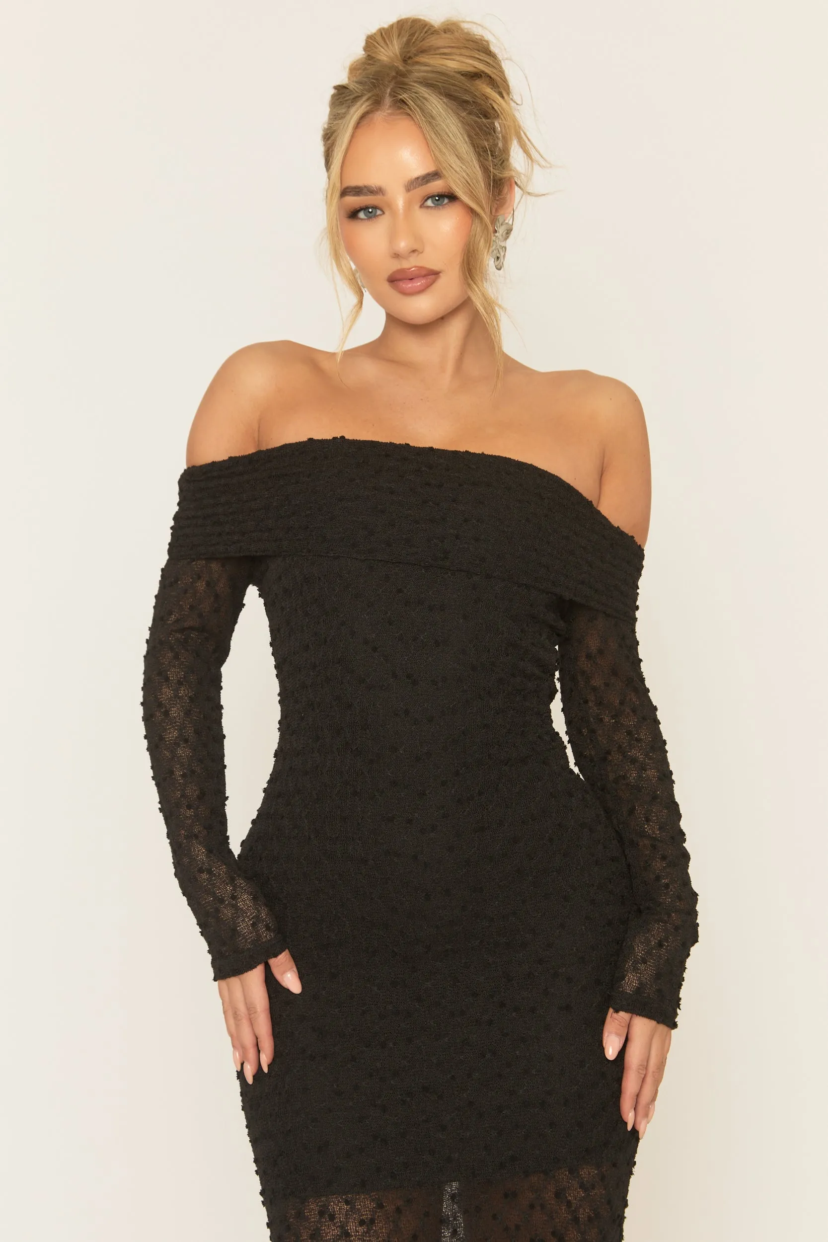 Black Textured Knit Bardot Midaxi Dress - Aafie sold by Rebellious Fashion product image thumbnail 3