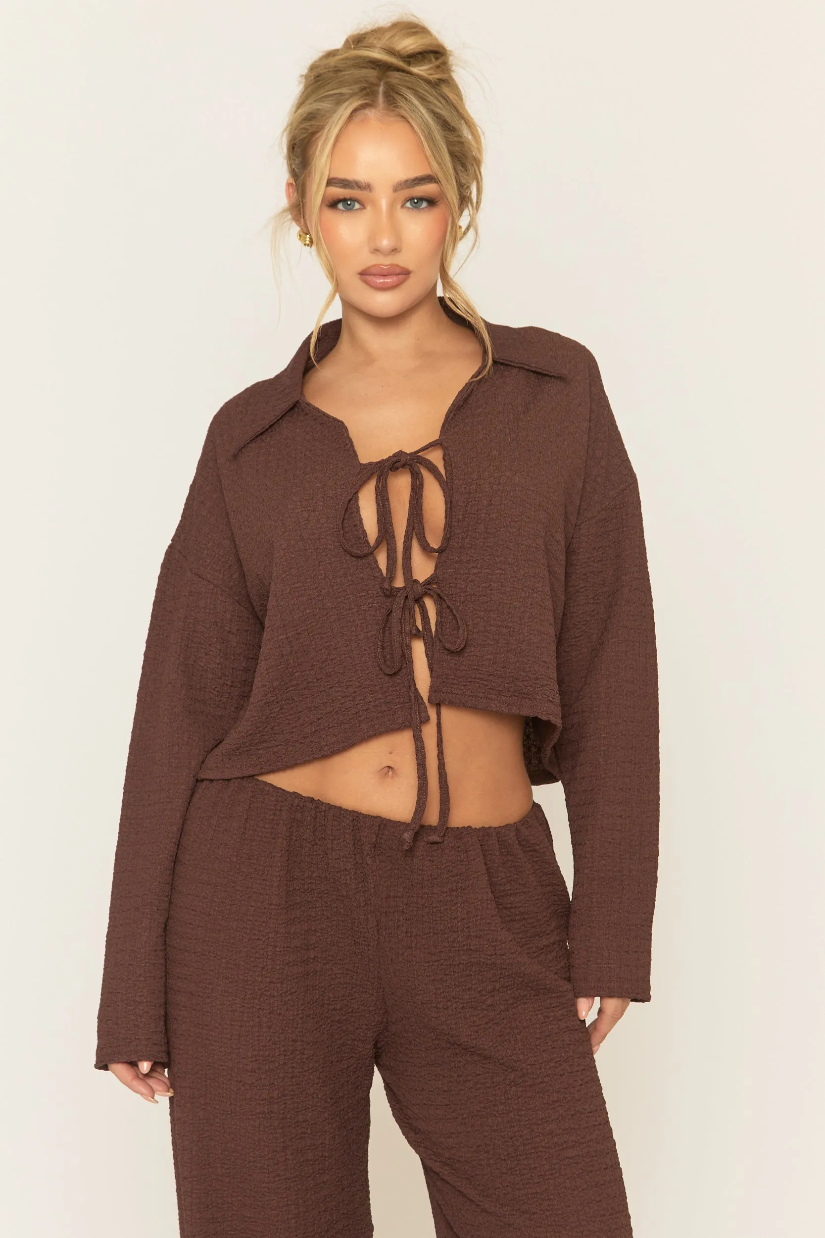 Chocolate Crinkle Tie Front Top and Wide Leg Trouser Co-Ord - Aveena sold by Rebellious Fashion product image thumbnail 3