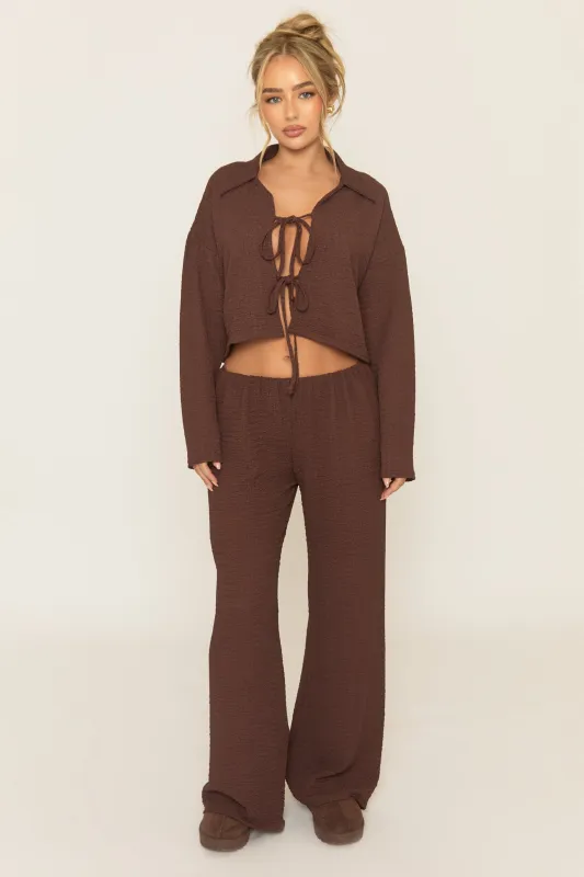 Chocolate Crinkle Tie Front Top and Wide Leg Trouser Co-Ord - Aveena made by Rebellious Fashion