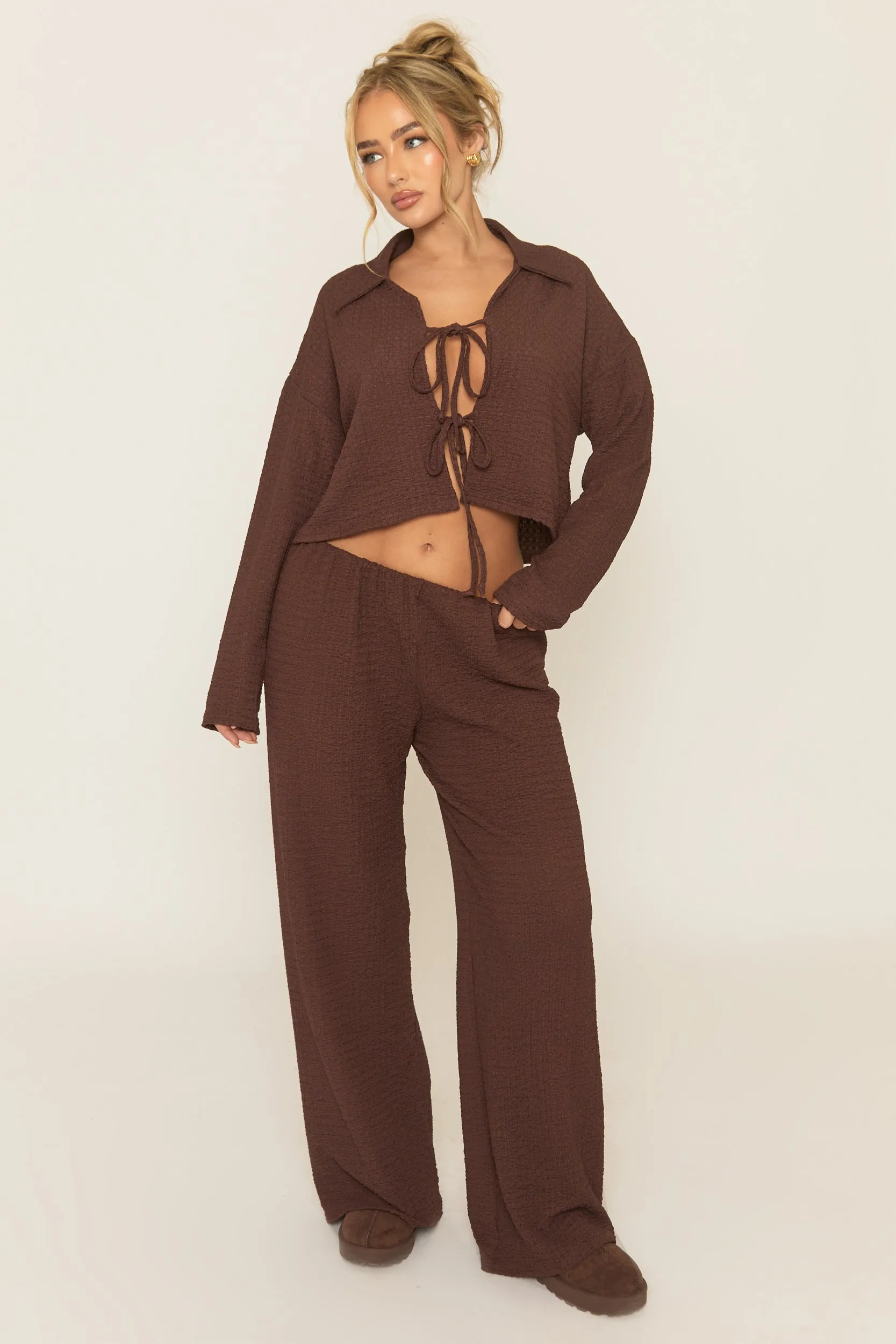 Chocolate Crinkle Tie Front Top and Wide Leg Trouser Co-Ord - Aveena sold by Rebellious Fashion product image thumbnail 2