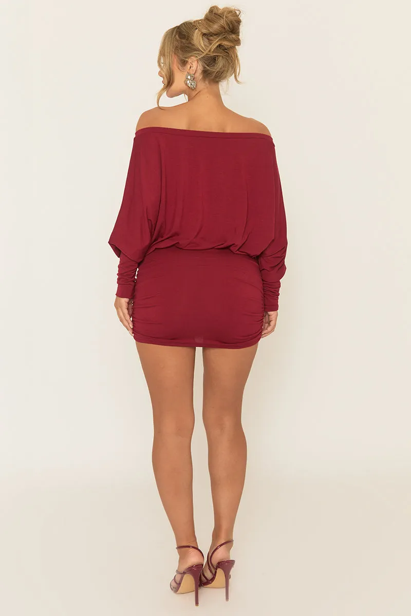Wine Batwing Bardot Mini Dress - Clarice sold by Rebellious Fashion product image thumbnail 5