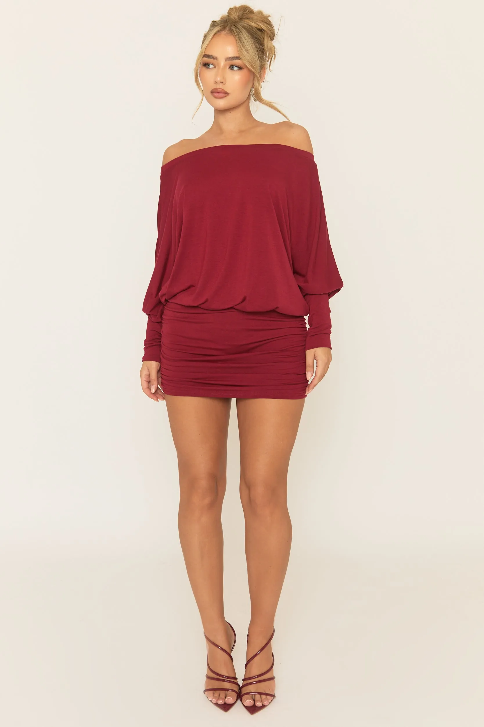 Wine Batwing Bardot Mini Dress - Clarice sold by Rebellious Fashion