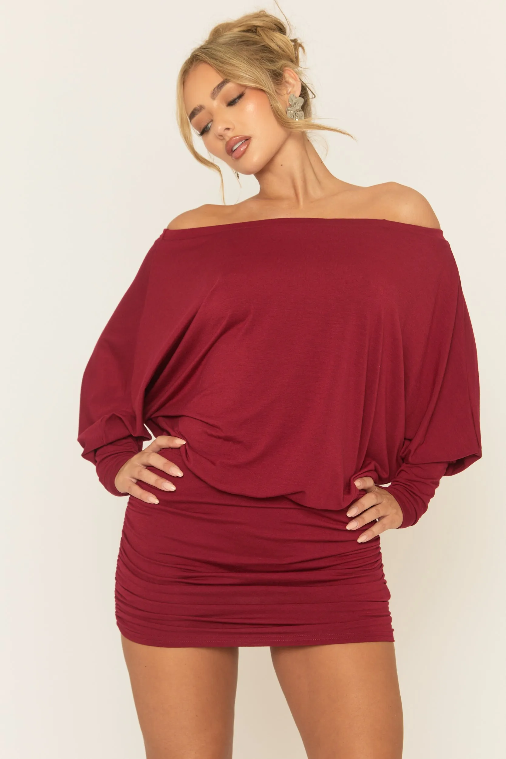 Wine Batwing Bardot Mini Dress - Clarice sold by Rebellious Fashion product image thumbnail 2