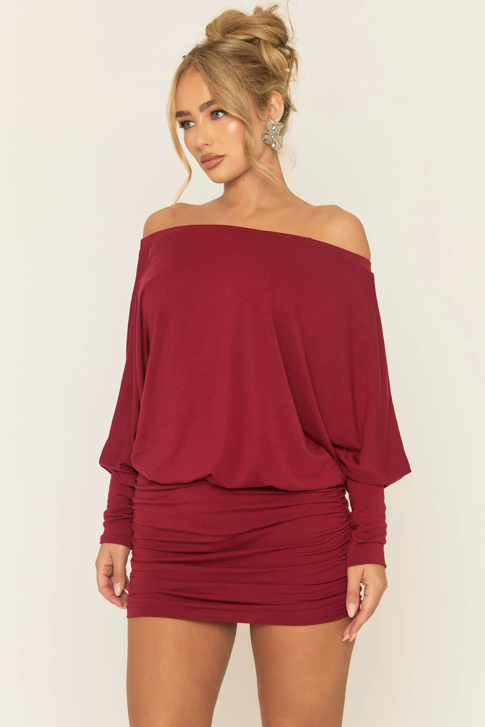 Wine Batwing Bardot Mini Dress - Clarice sold by Rebellious Fashion product image thumbnail 4