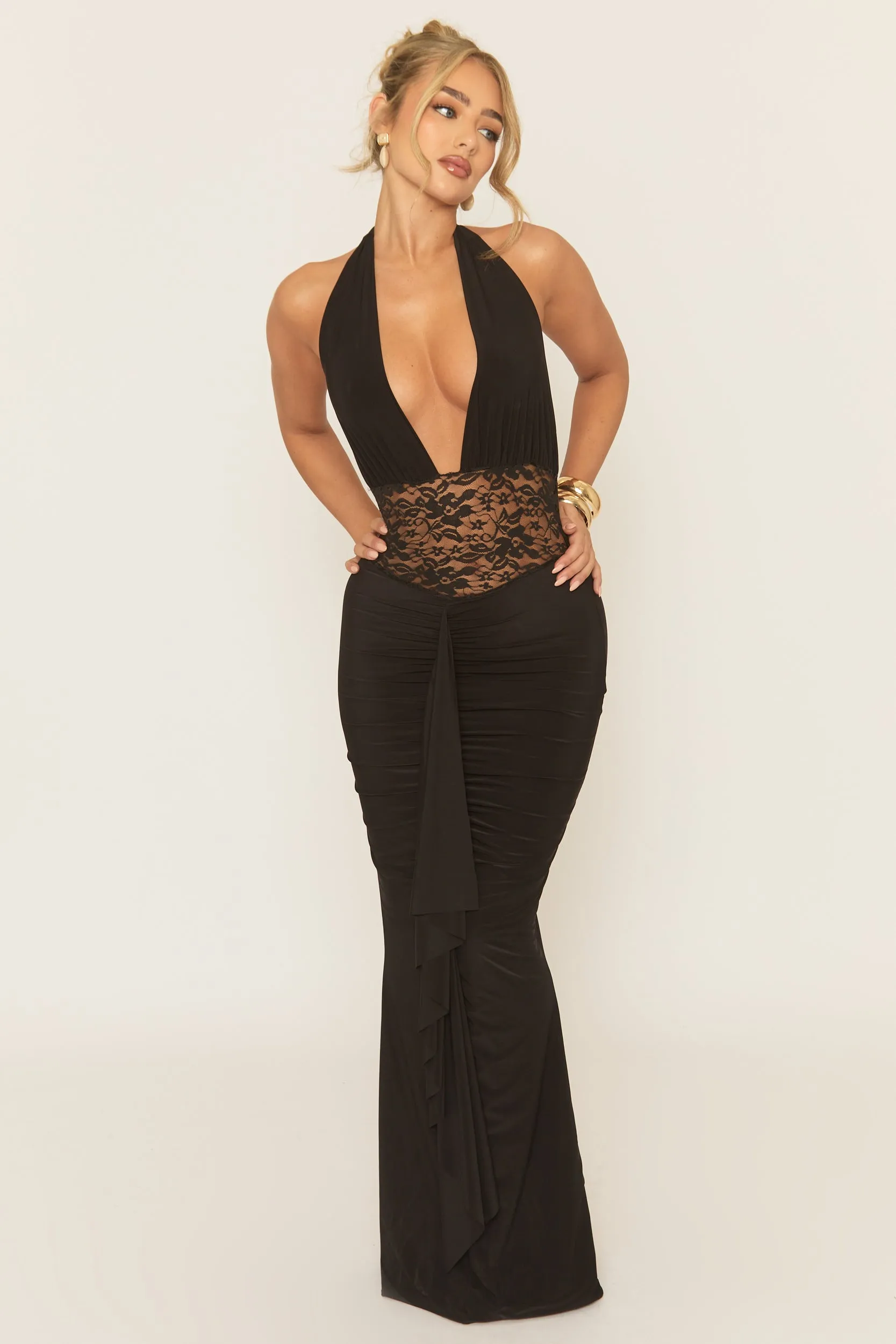 Black Cowl Lace Insert Maxi Dress - Minal sold by Rebellious Fashion product image thumbnail 2
