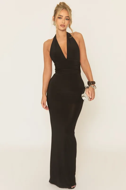 Black Halterneck Tie Back Maxi Dress - Amalfie sold by Rebellious Fashion