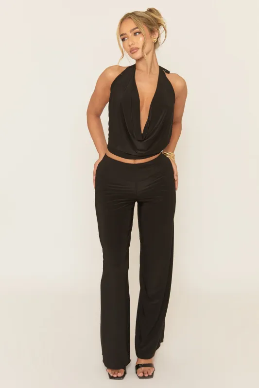 Black Slinky Cowl Top and Wide Leg Trouser Co-ord Set - Avaleen made by Rebellious Fashion