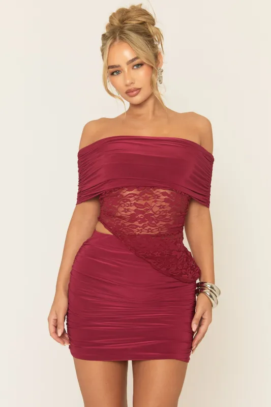 Wine Lace Bardot Top and Mini Skirt Co-ord Set - Mareen sold by Rebellious Fashion