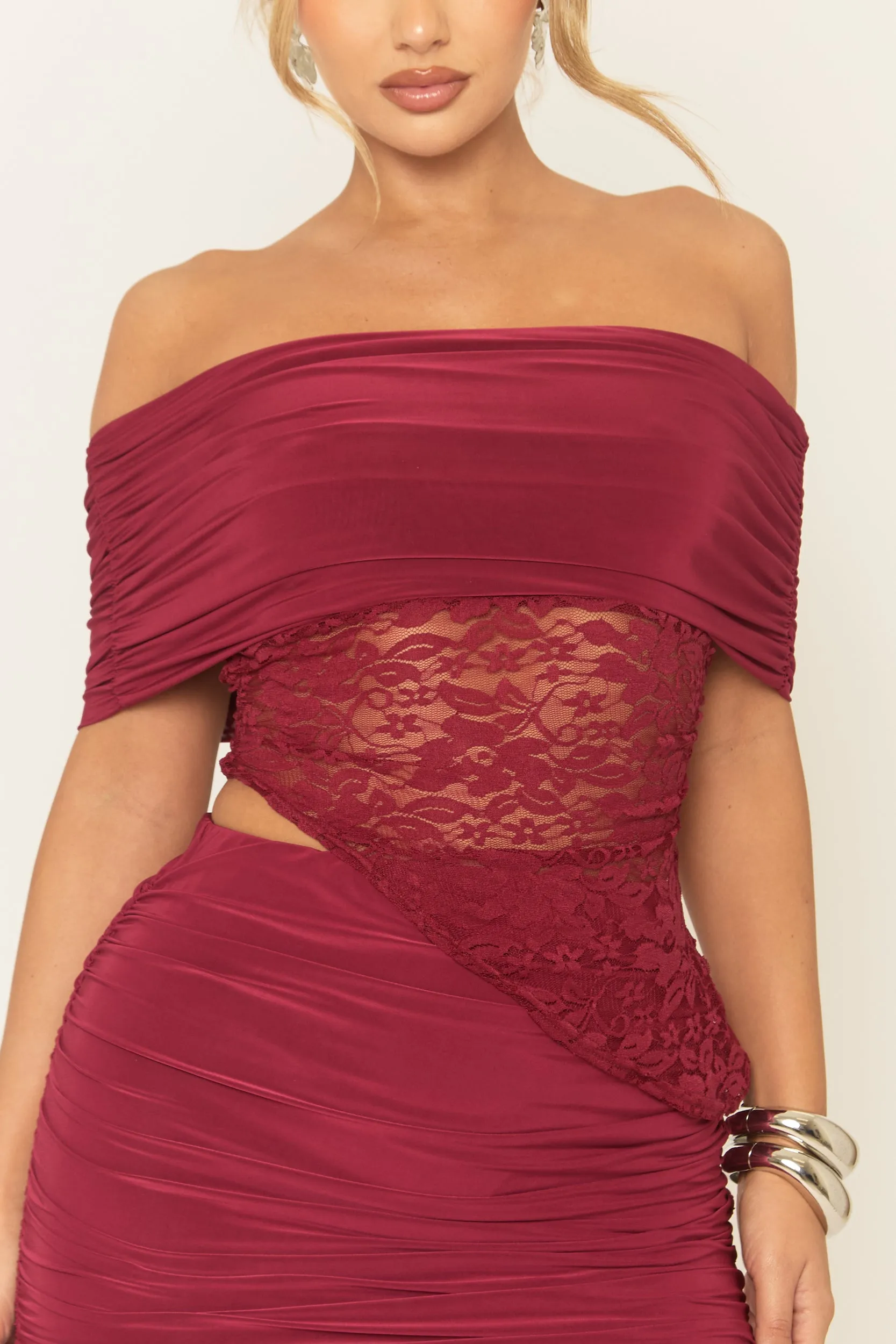 Wine Lace Bardot Top and Mini Skirt Co-ord Set - Mareen sold by Rebellious Fashion product image thumbnail 4