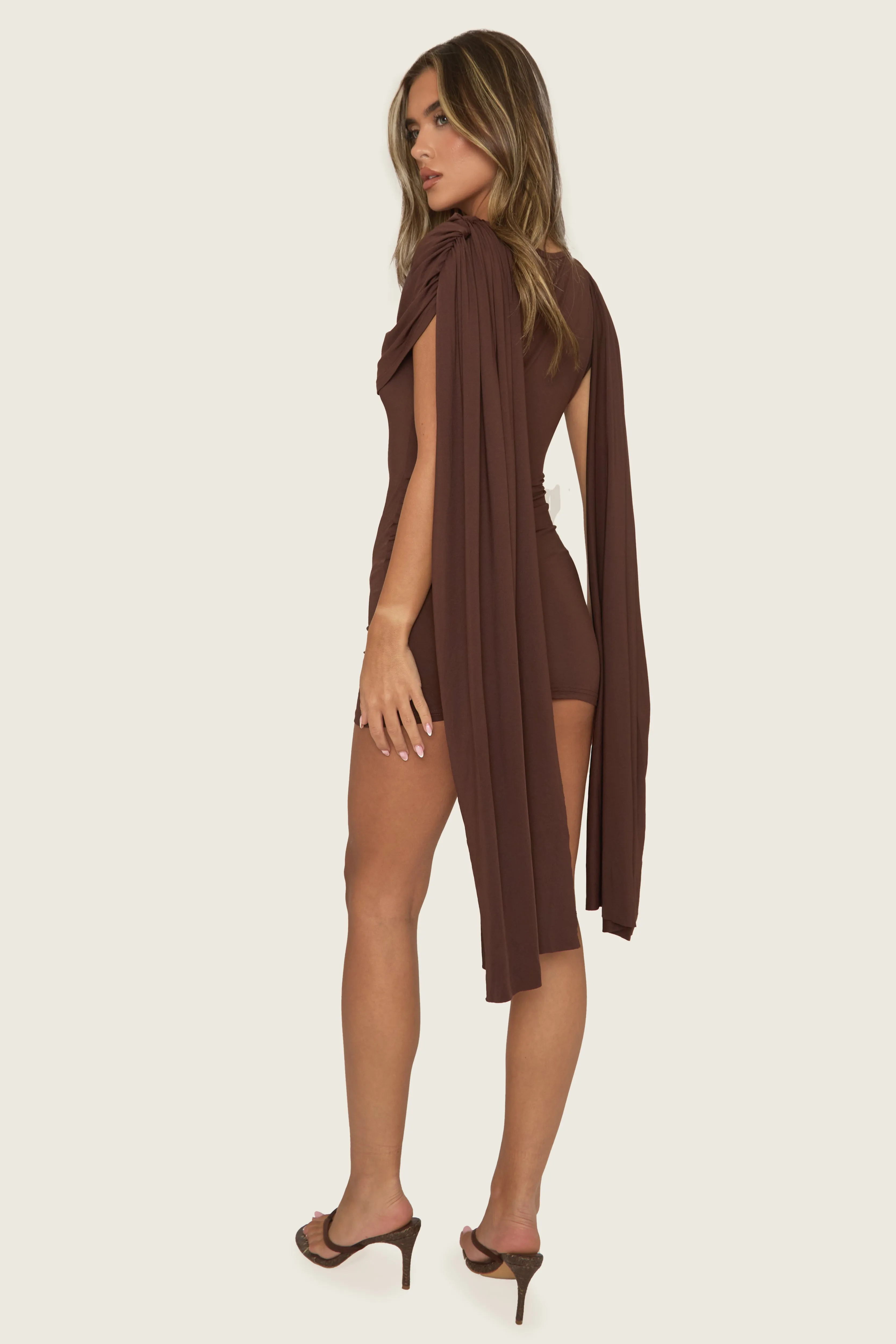 Chocolate Gathered Cape Mini Dress - Miyar sold by Rebellious Fashion product image thumbnail 4