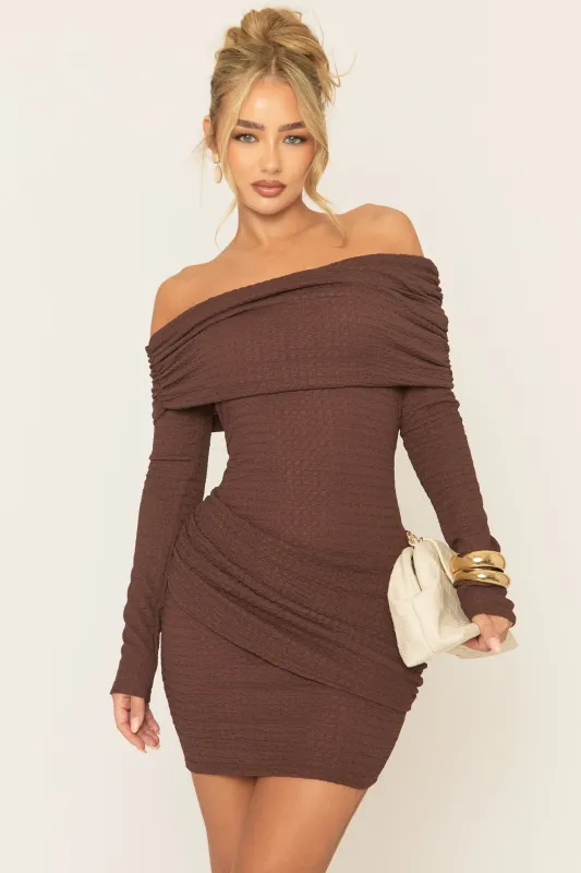 Chocolate Crinkle Bardot Drape Mini Dress - Albian made by Rebellious Fashion