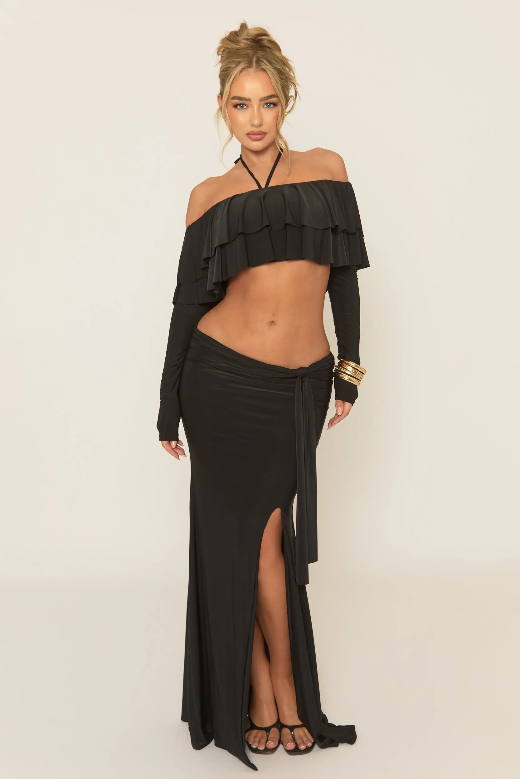 Black Ruffle Bardot Long Sleeve Top and Maxi Skirt Co-ord Set - Ladina sold by Rebellious Fashion