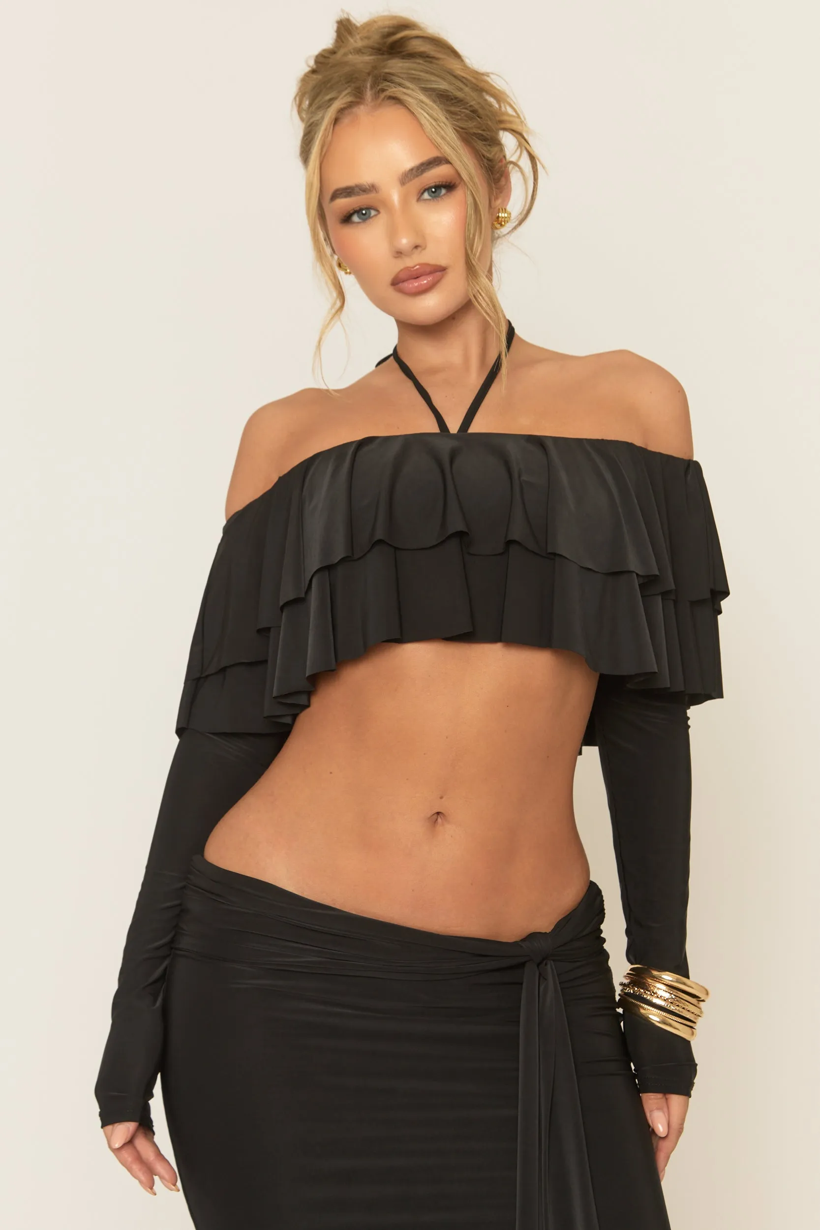 Black Ruffle Bardot Long Sleeve Top and Maxi Skirt Co-ord Set - Ladina sold by Rebellious Fashion product image thumbnail 3