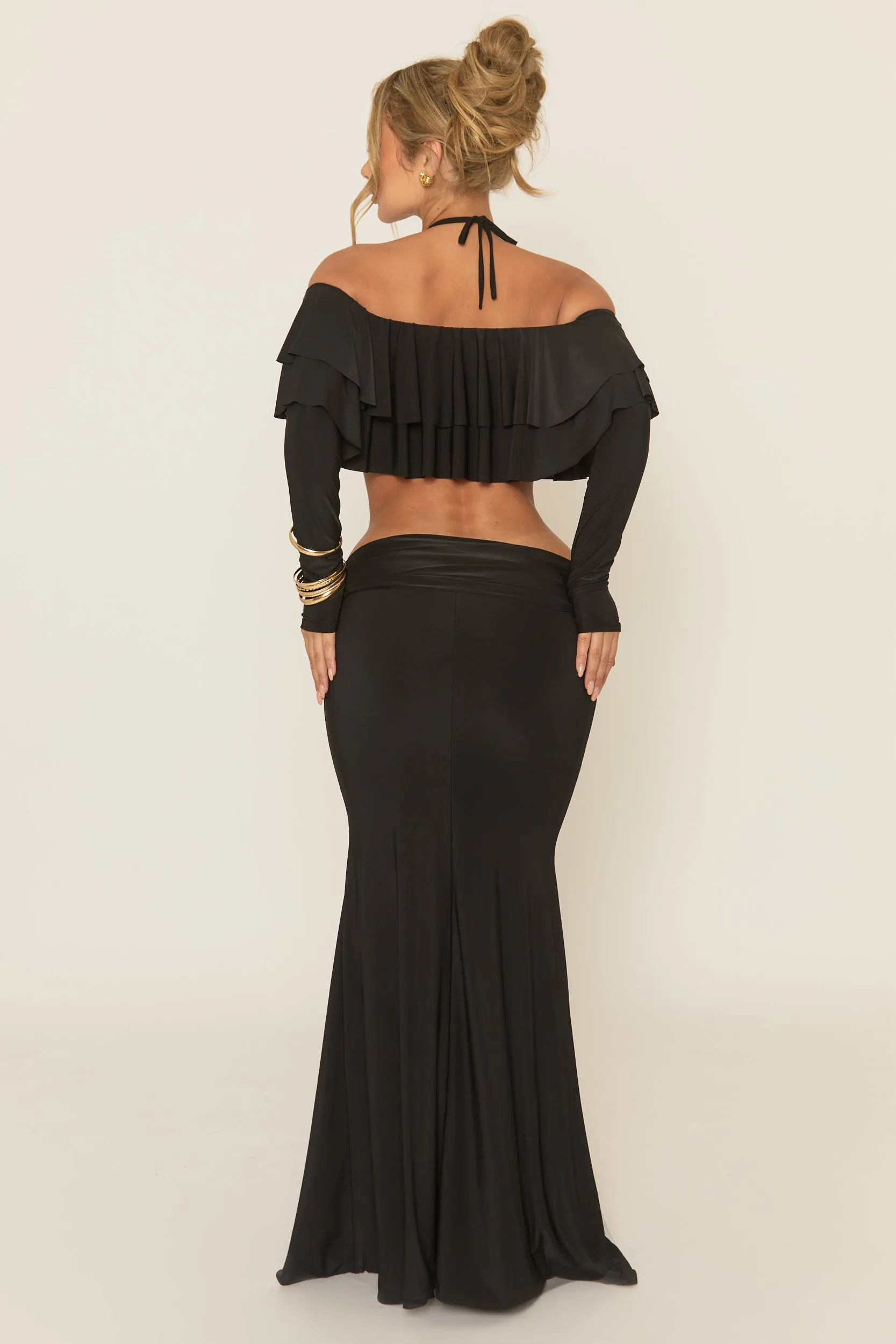 Black Ruffle Bardot Long Sleeve Top and Maxi Skirt Co-ord Set - Ladina sold by Rebellious Fashion product image thumbnail 4