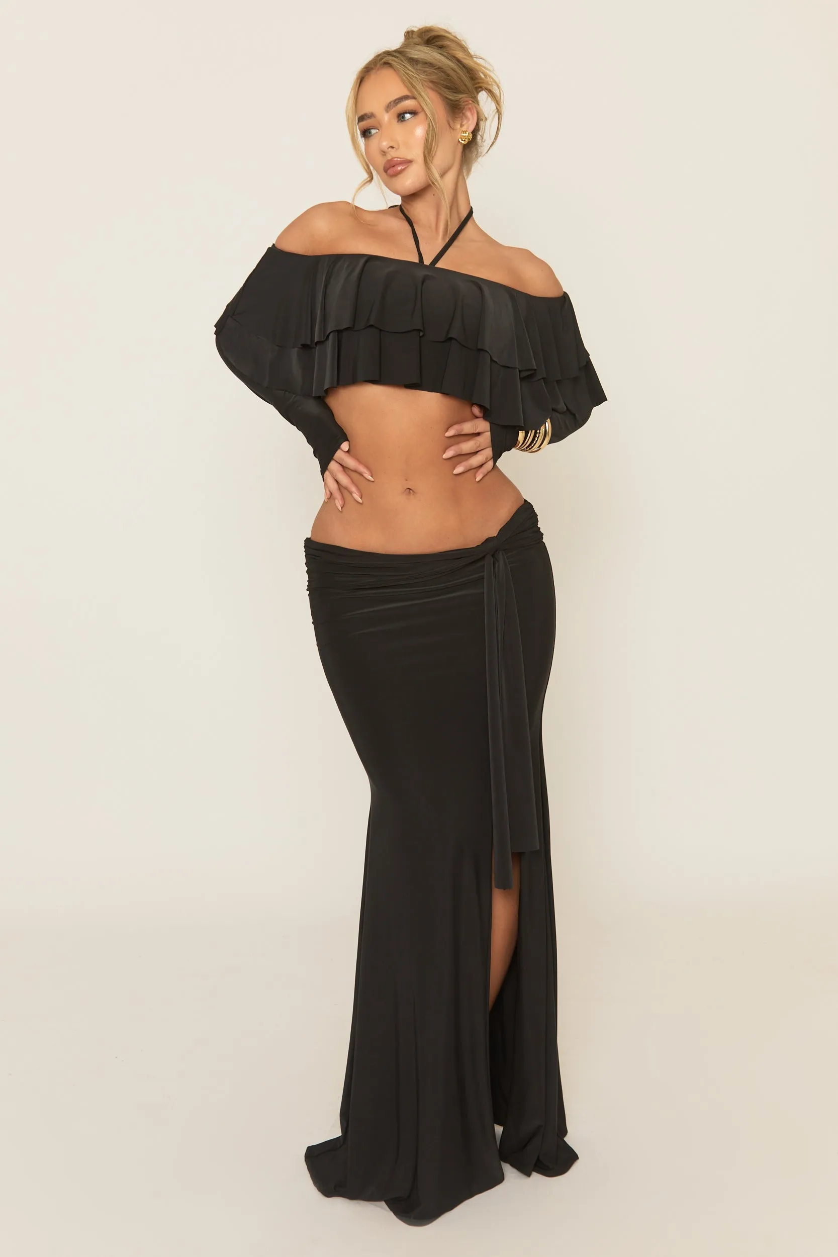 Black Ruffle Bardot Long Sleeve Top and Maxi Skirt Co-ord Set - Ladina sold by Rebellious Fashion product image thumbnail 2