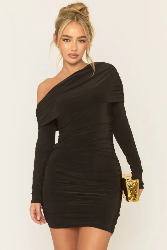 Black Long Sleeve Ruched Bardot Mini Dress - Annabella sold by Rebellious Fashion