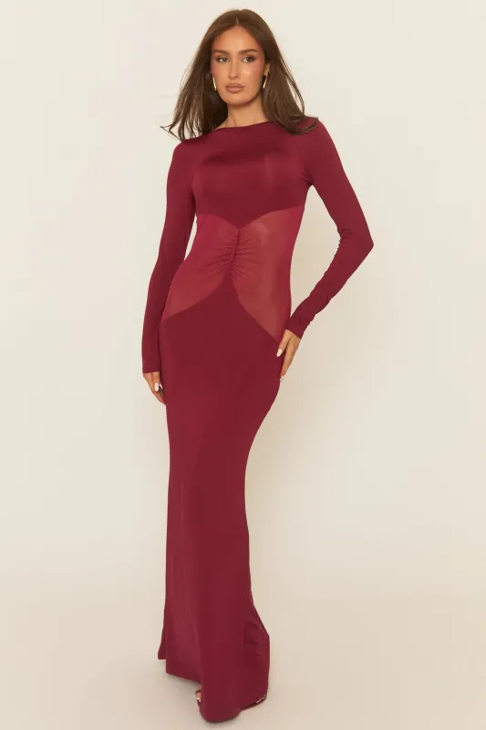 Wine Long Sleeve Mesh Insert Maxi Dress - Marnia sold by Rebellious Fashion