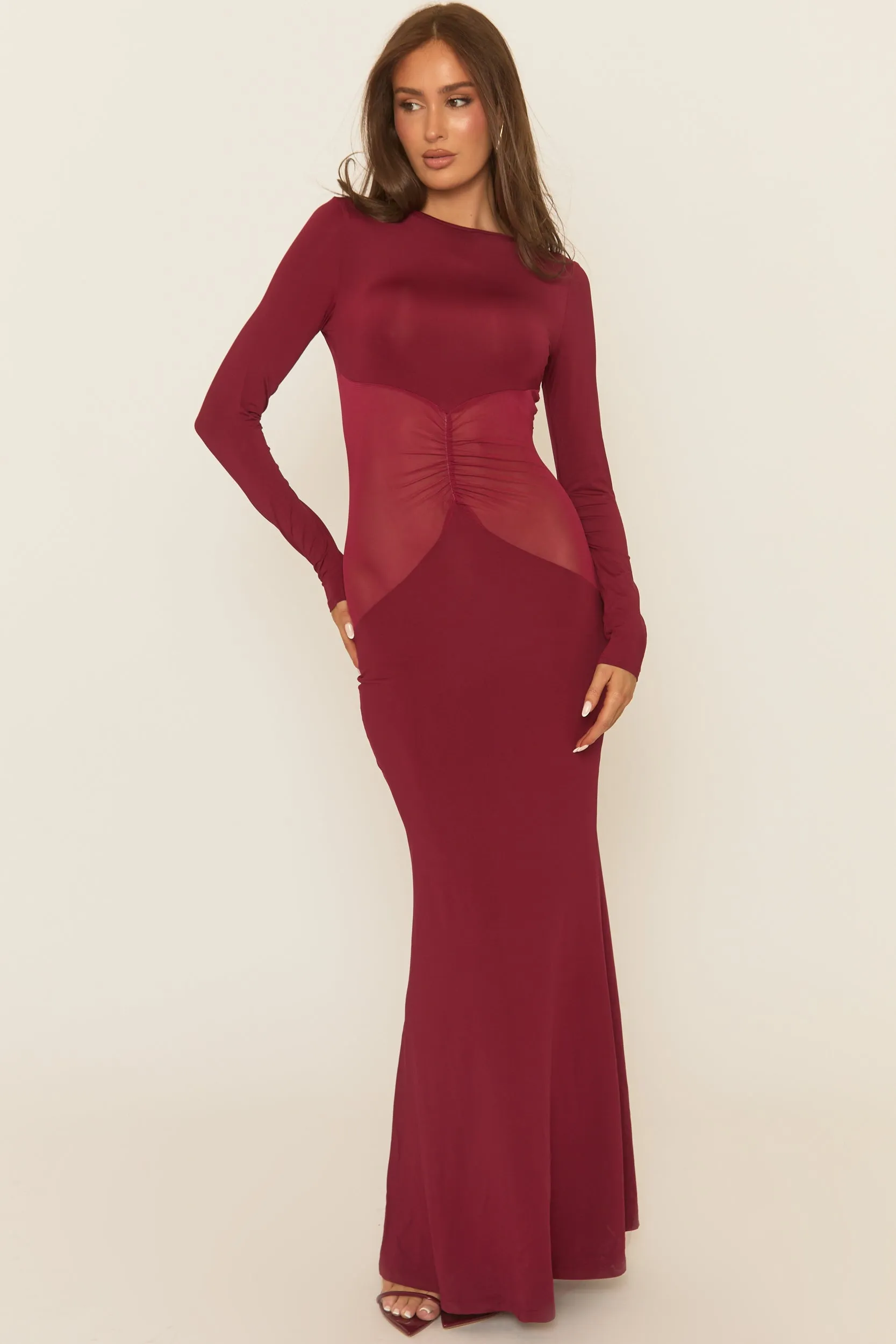 Wine Long Sleeve Mesh Insert Maxi Dress - Marnia sold by Rebellious Fashion product image thumbnail 2