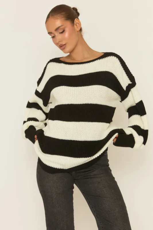 Black Stripe Oversized Knit Jumper - Benson sold by Rebellious Fashion