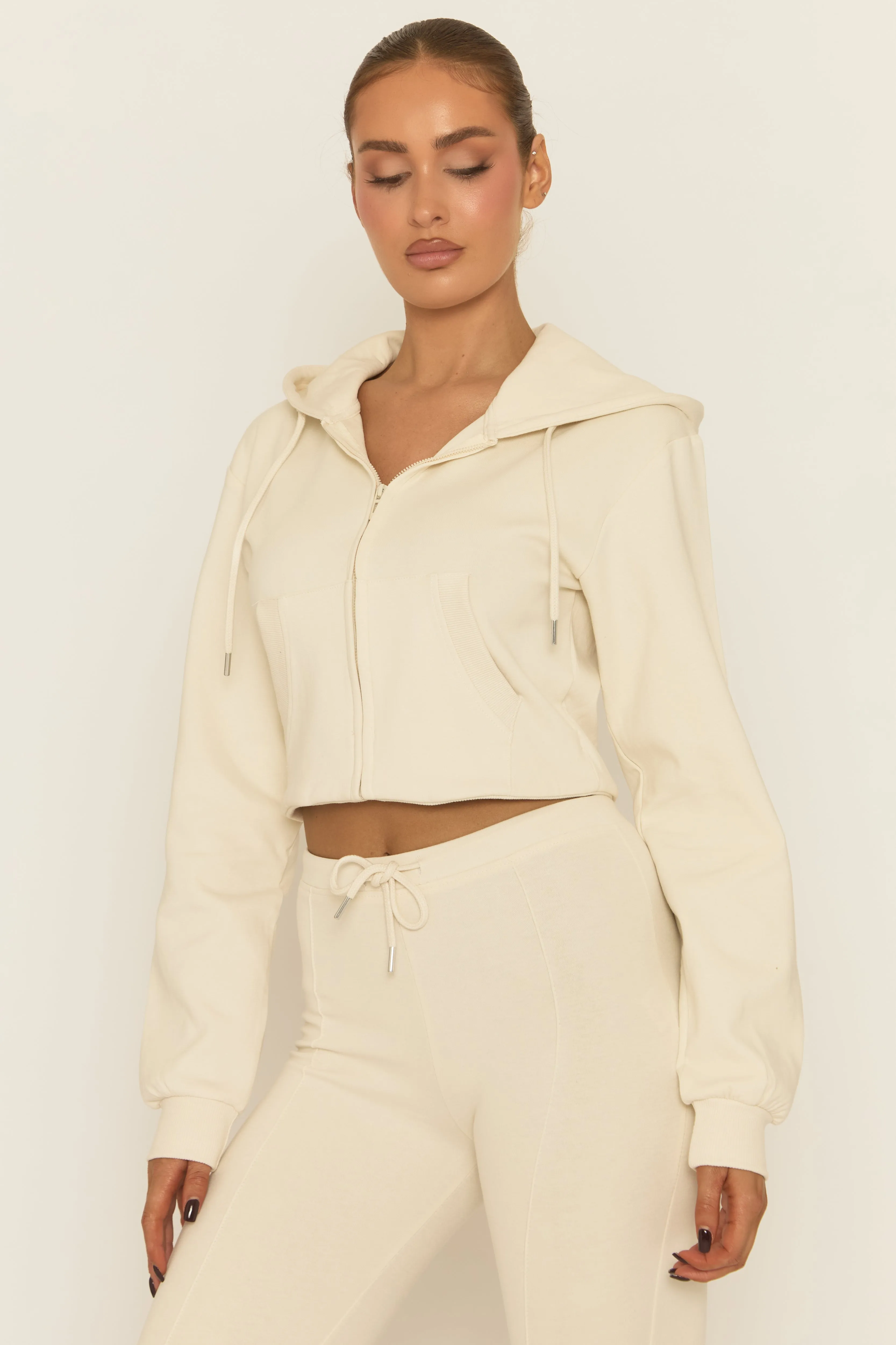 Cream Skinny Flare and Zip Through Hoody Lounge Set - Goldie sold by Rebellious Fashion product image thumbnail 4