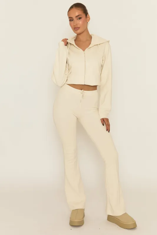 Cream Skinny Flare and Zip Through Hoody Lounge Set - Goldie sold by Rebellious Fashion