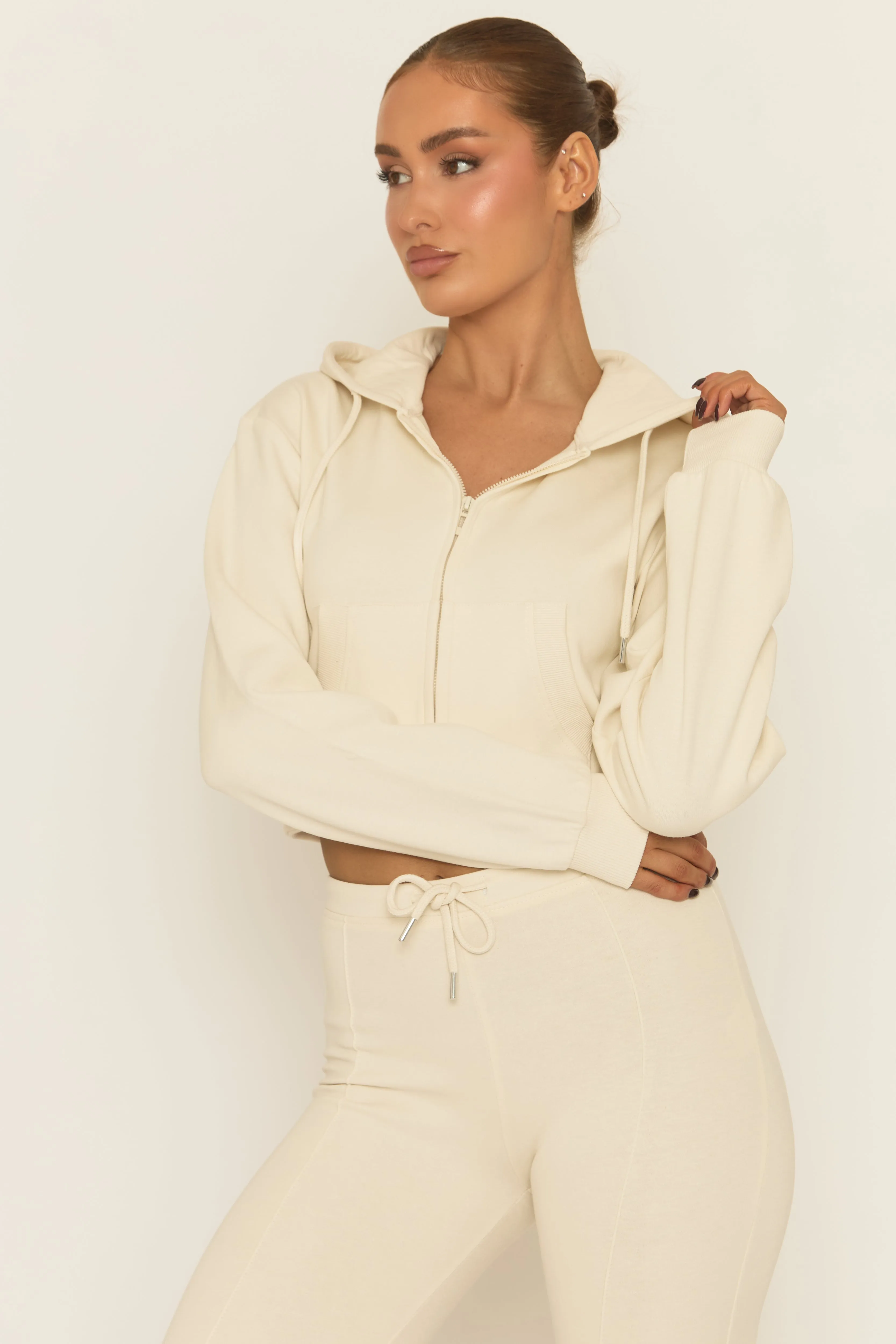 Cream Skinny Flare and Zip Through Hoody Lounge Set - Goldie sold by Rebellious Fashion product image thumbnail 2