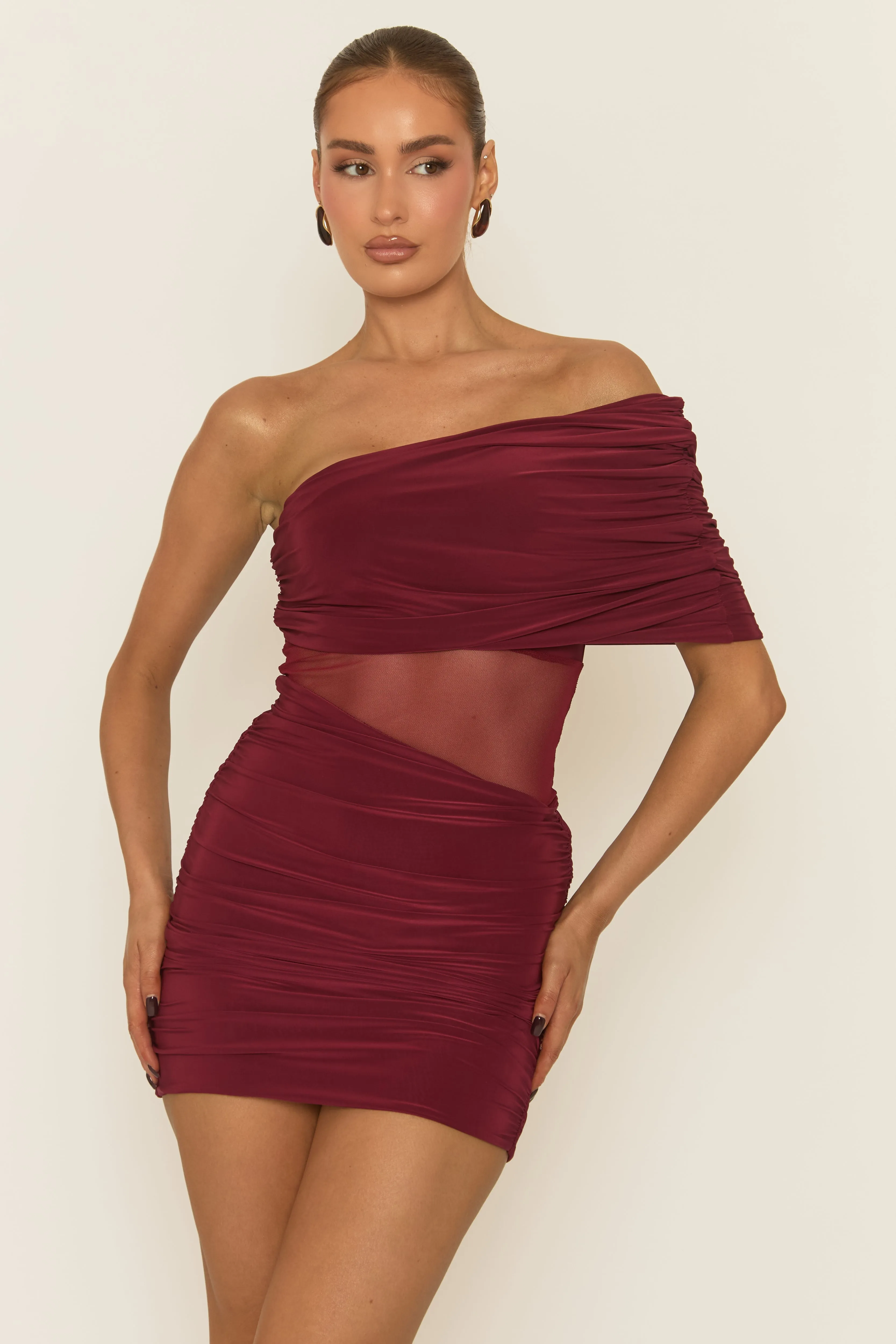 Wine Mesh Drape Front Mini Dress - Payne sold by Rebellious Fashion product image thumbnail 5