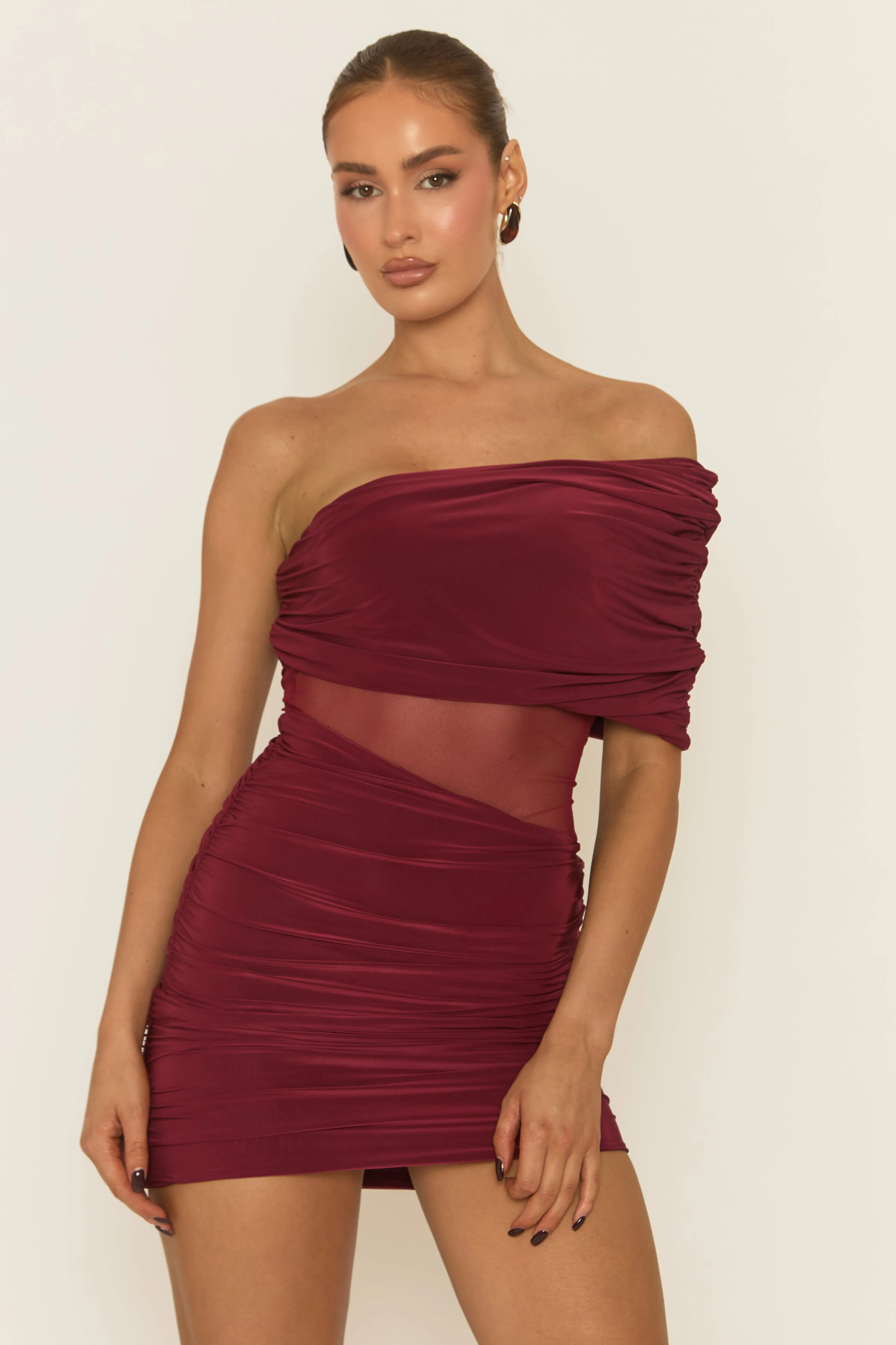 Wine Mesh Drape Front Mini Dress - Payne sold by Rebellious Fashion