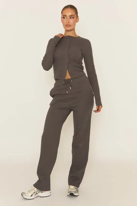 Slate Grey Button Front Long Sleeve Top and Trouser Loungewear Set - Izzabelle sold by Rebellious Fashion