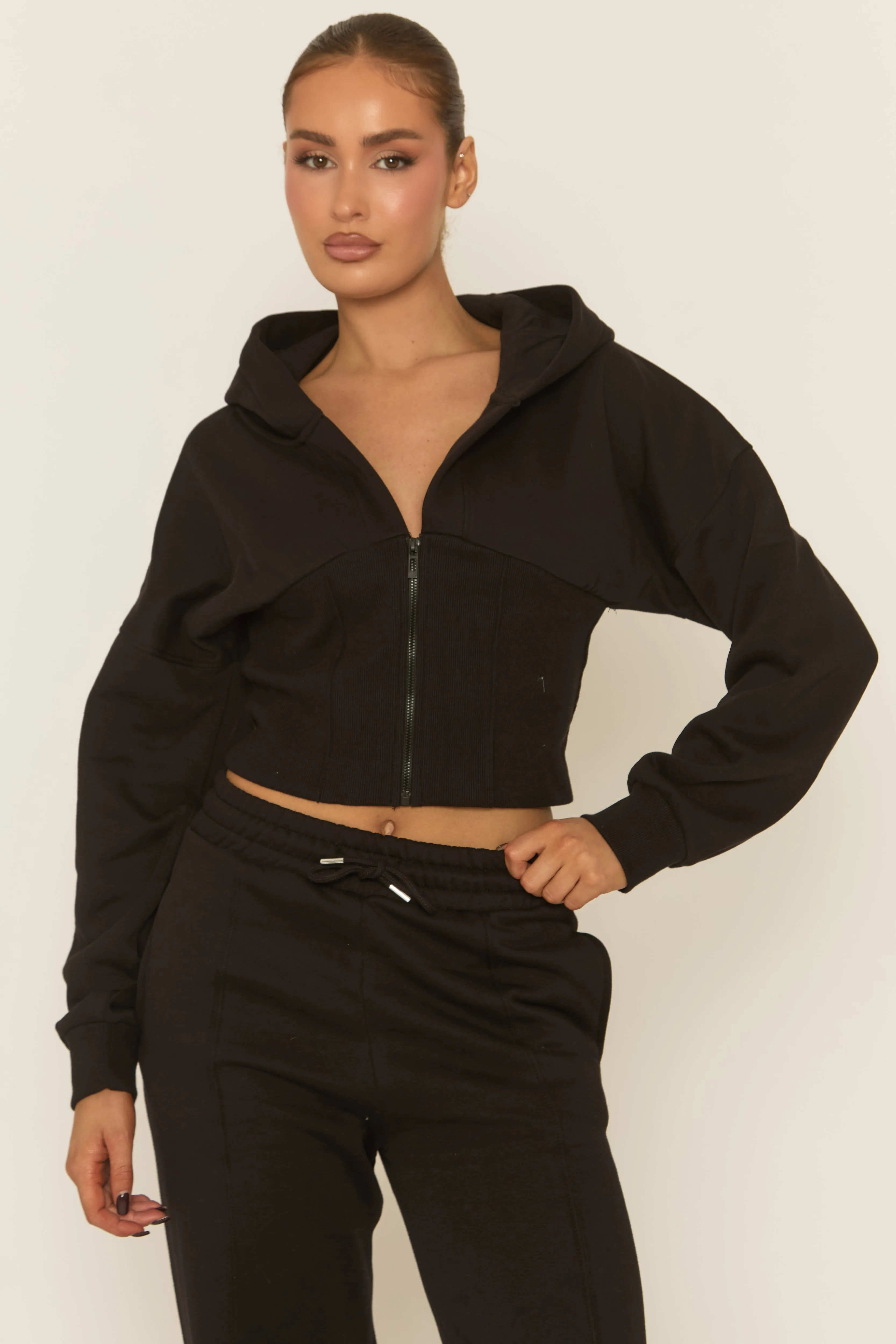 Black Corset Fit Hoodie and Jogger Loungewear Co-ord Set - Arria sold by Rebellious Fashion product image thumbnail 2