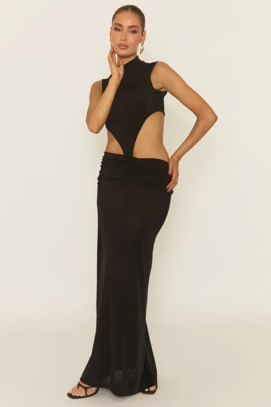 Black Cut Out Acetate Slinky Maxi Dress - Leonia sold by Rebellious Fashion