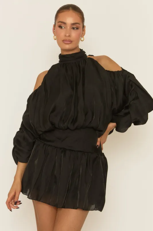 Black Cut Out Shoulder Ruffle Mini Dress - Mirianna sold by Rebellious Fashion