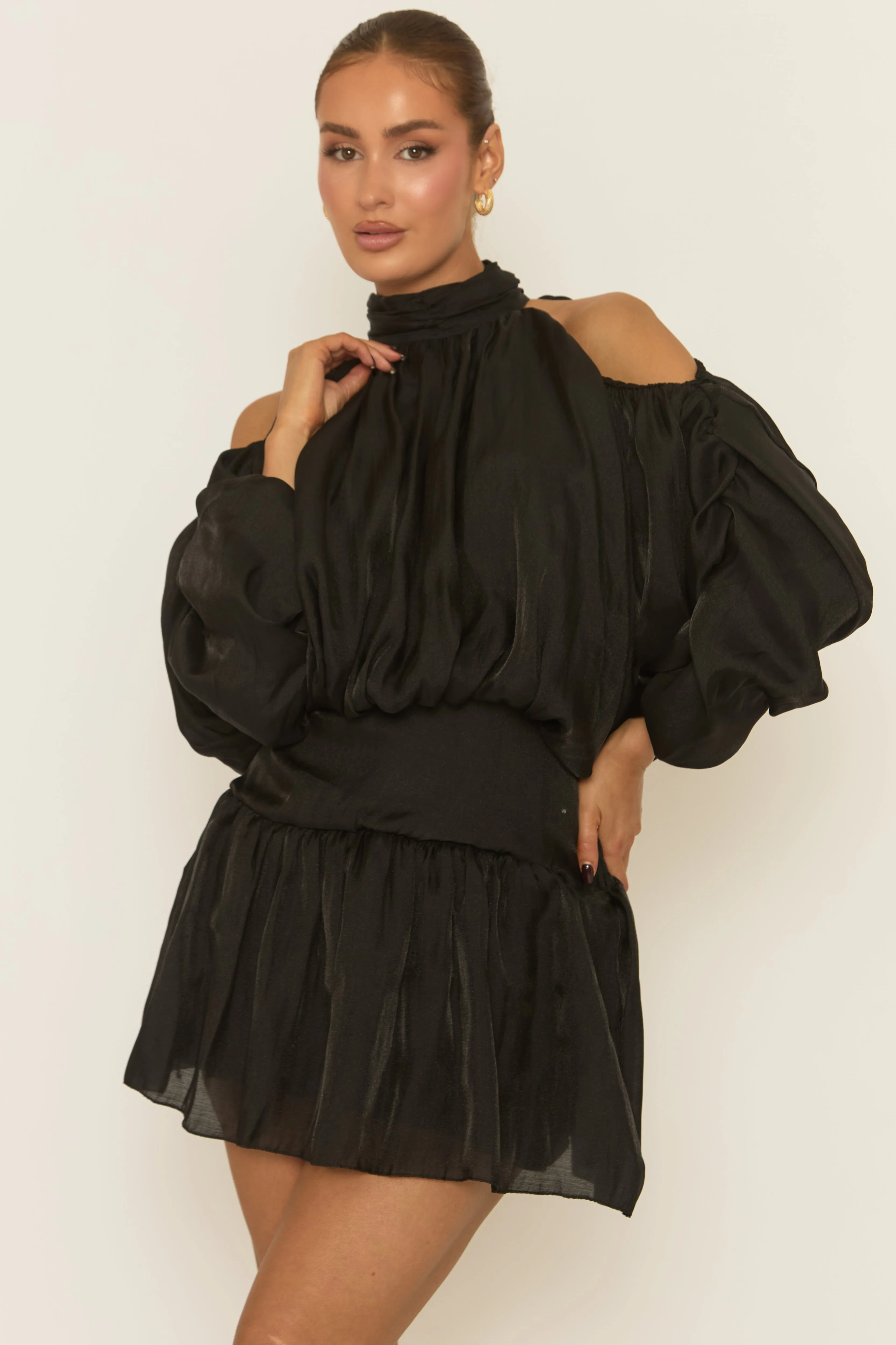 Black Cut Out Shoulder Ruffle Mini Dress - Mirianna sold by Rebellious Fashion product image thumbnail 5