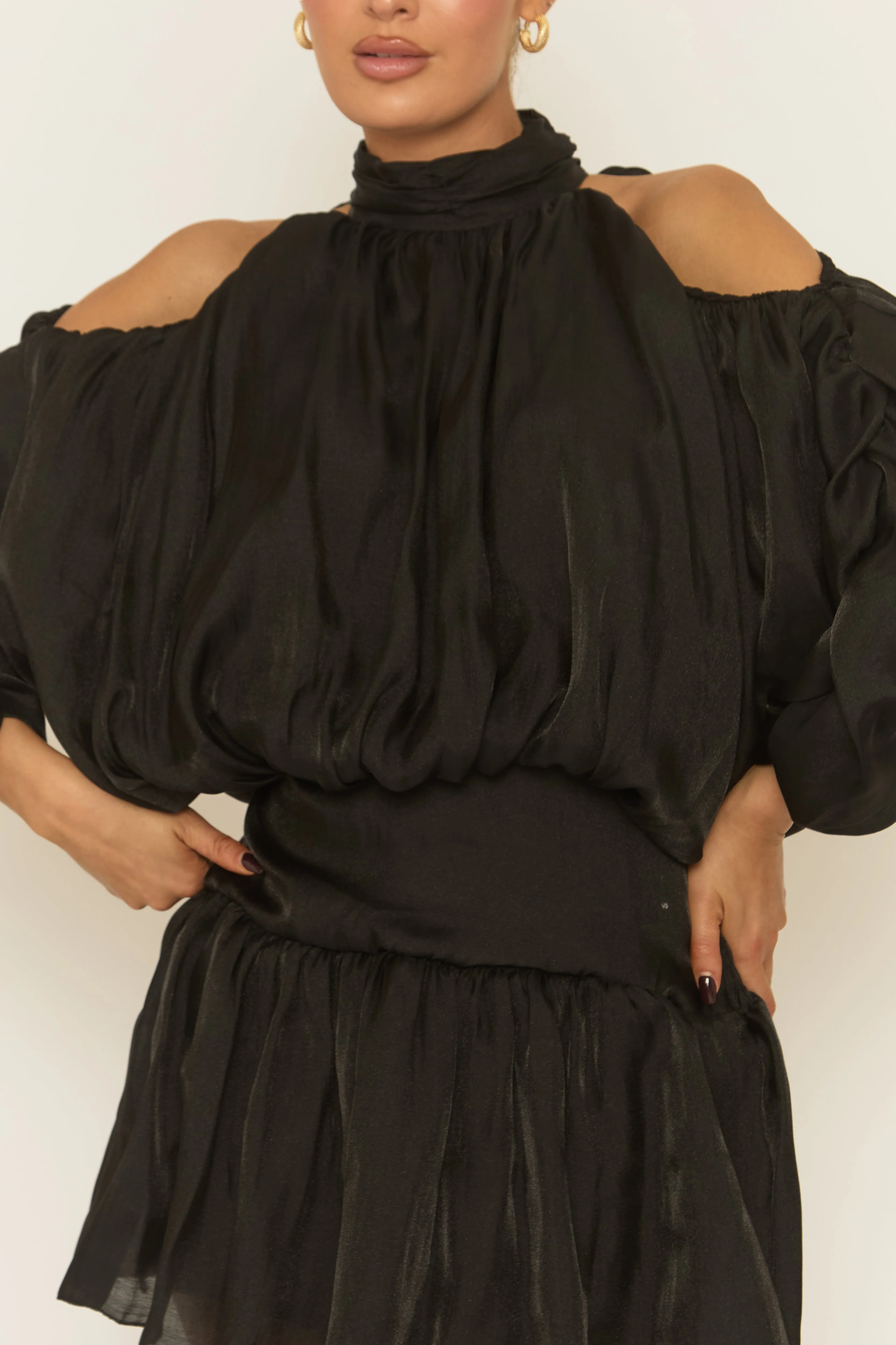 Black Cut Out Shoulder Ruffle Mini Dress - Mirianna sold by Rebellious Fashion product image thumbnail 3