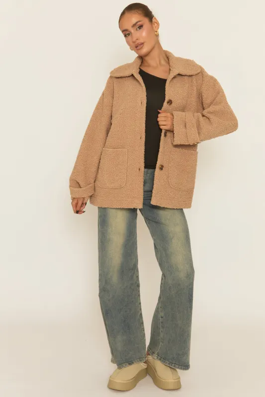 Camel Button Front Oversized Borg Jacket - Liena sold by Rebellious Fashion