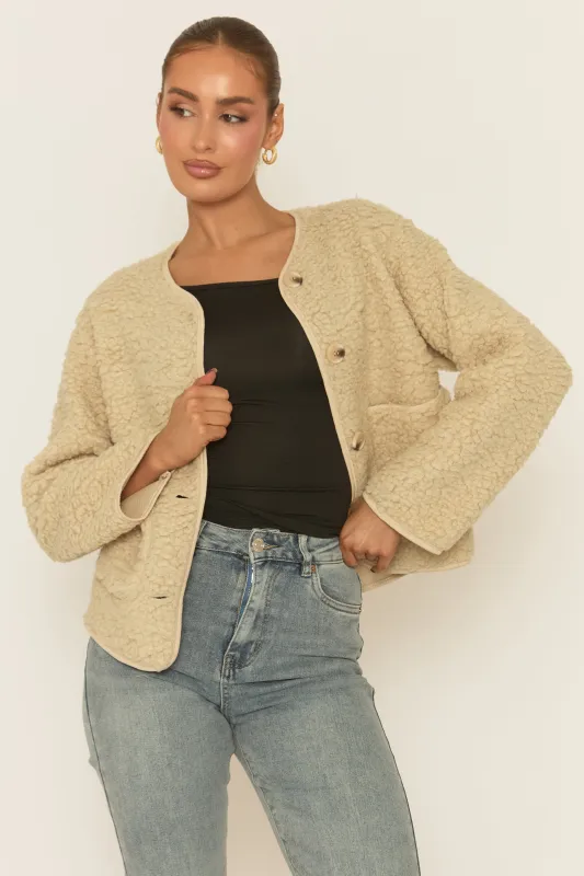 Beige Button Front Borg Jacket - Kiyra sold by Rebellious Fashion