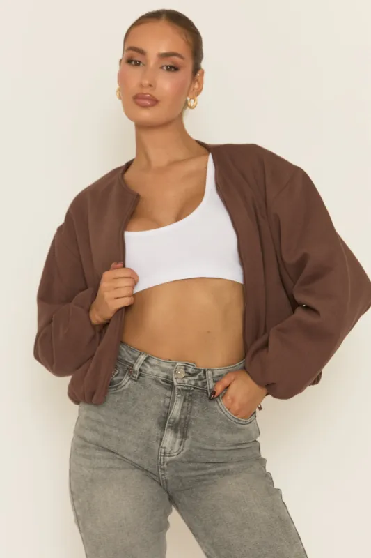 Chocolate Collarless Lightweight Bomber Jacket - Averil sold by Rebellious Fashion