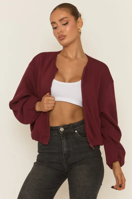 Wine Collarless Lightweight Bomber Jacket - Averil sold by Rebellious Fashion
