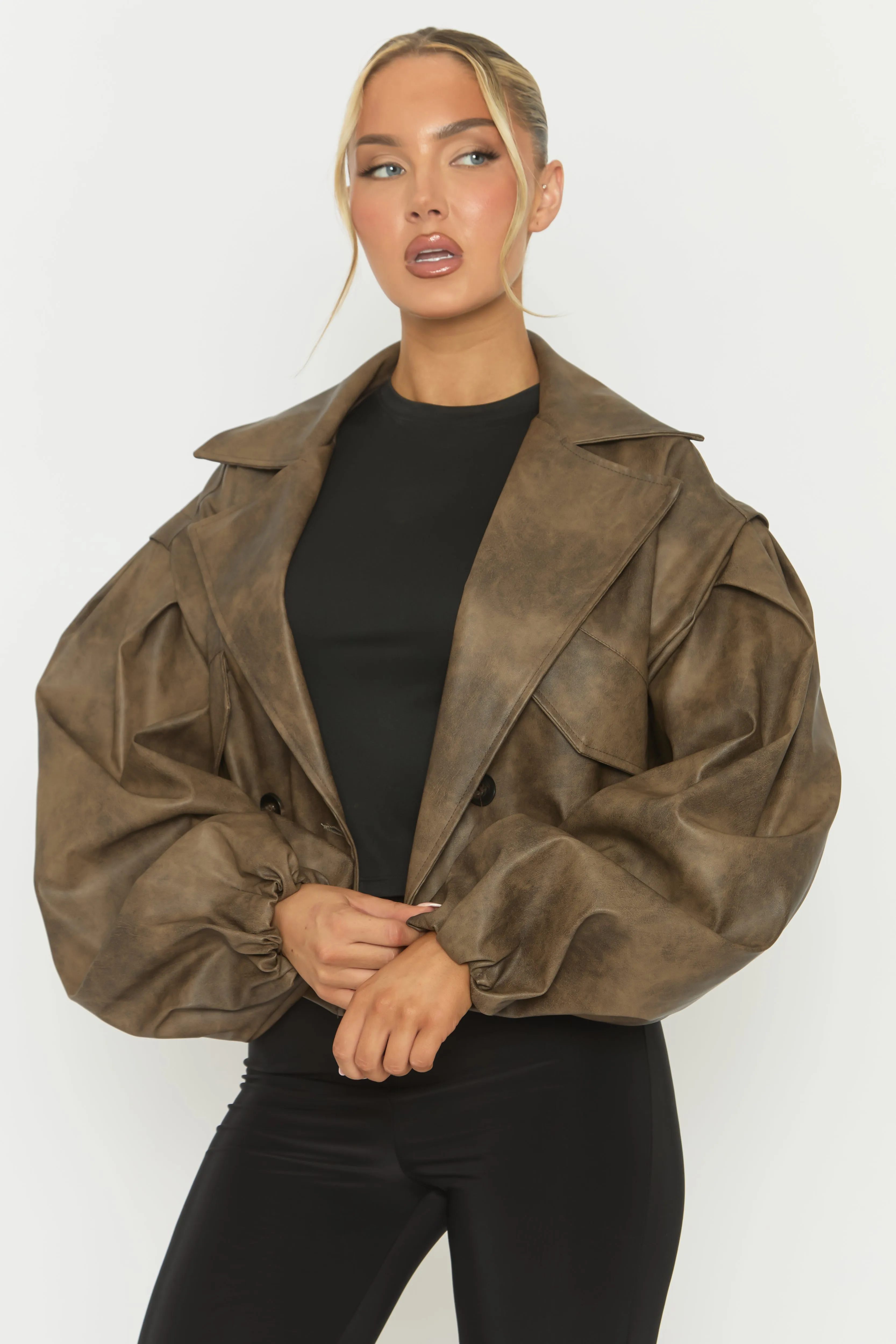 Brown Vintage Faux Leather Double Breasted Cropped Trench Coat - Kylea sold by Rebellious Fashion product image thumbnail 2