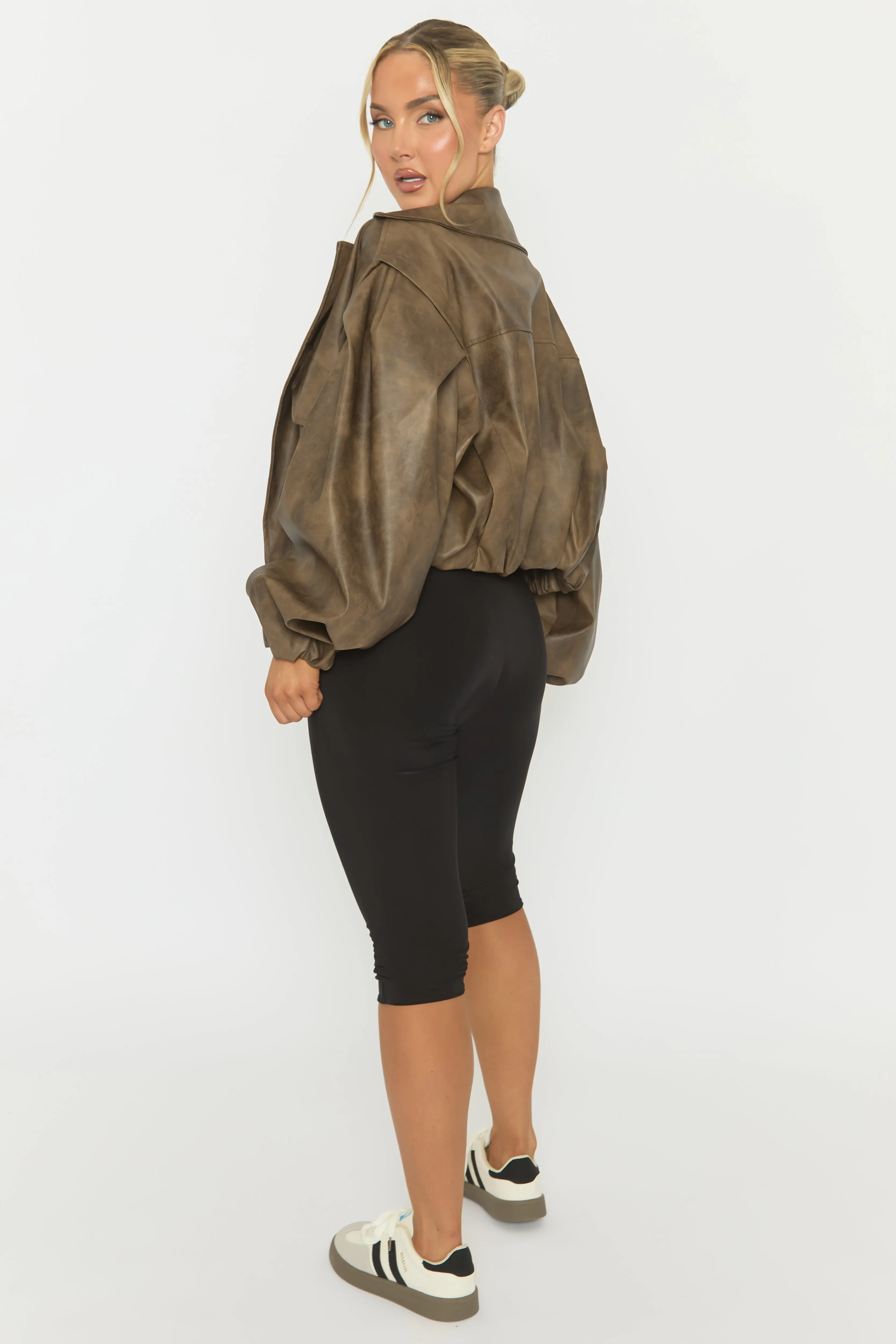 Brown Vintage Faux Leather Double Breasted Cropped Trench Coat - Kylea sold by Rebellious Fashion product image thumbnail 5