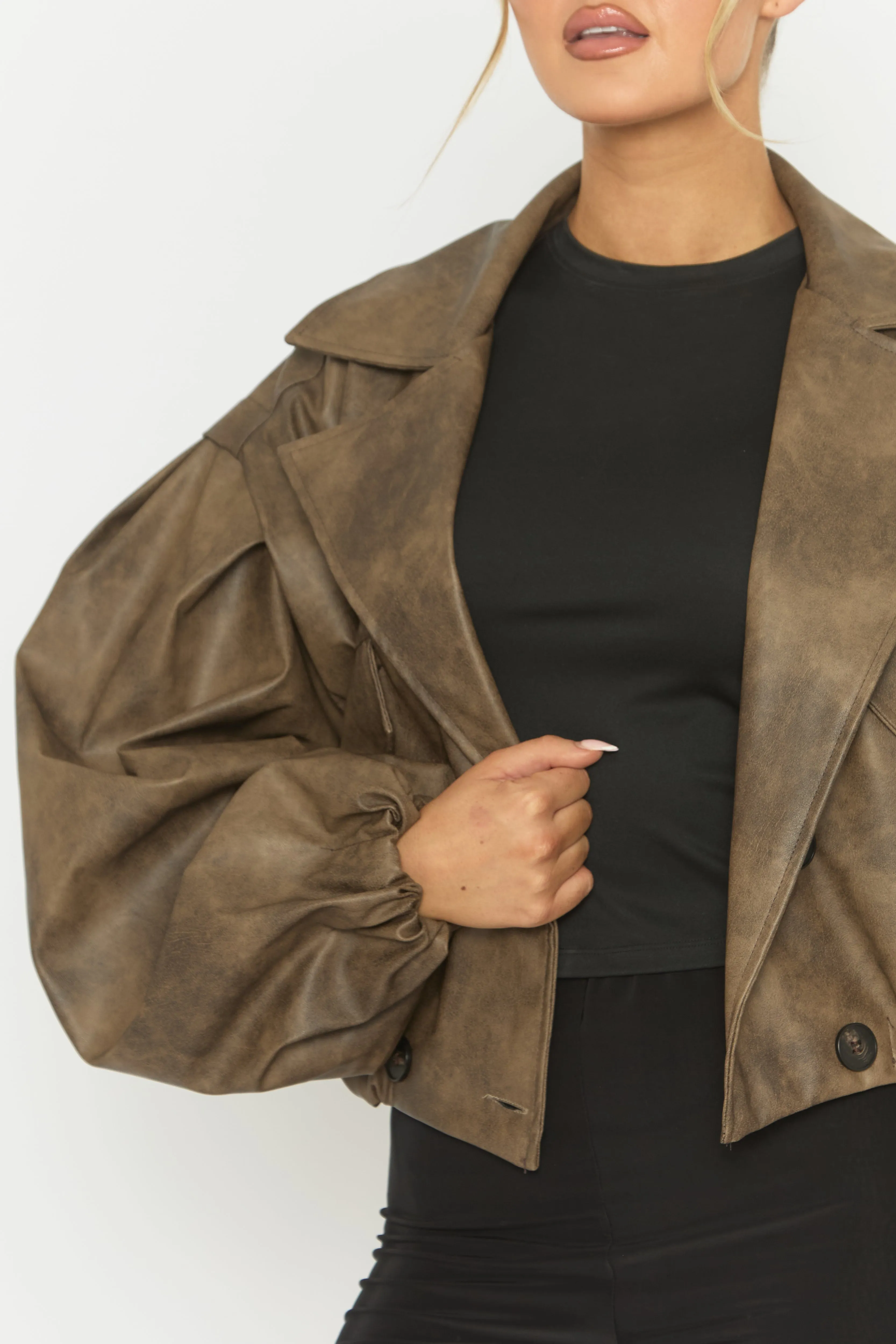 Brown Vintage Faux Leather Double Breasted Cropped Trench Coat - Kylea sold by Rebellious Fashion product image thumbnail 4