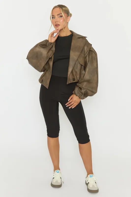 Brown Vintage Faux Leather Double Breasted Cropped Trench Coat - Kylea sold by Rebellious Fashion