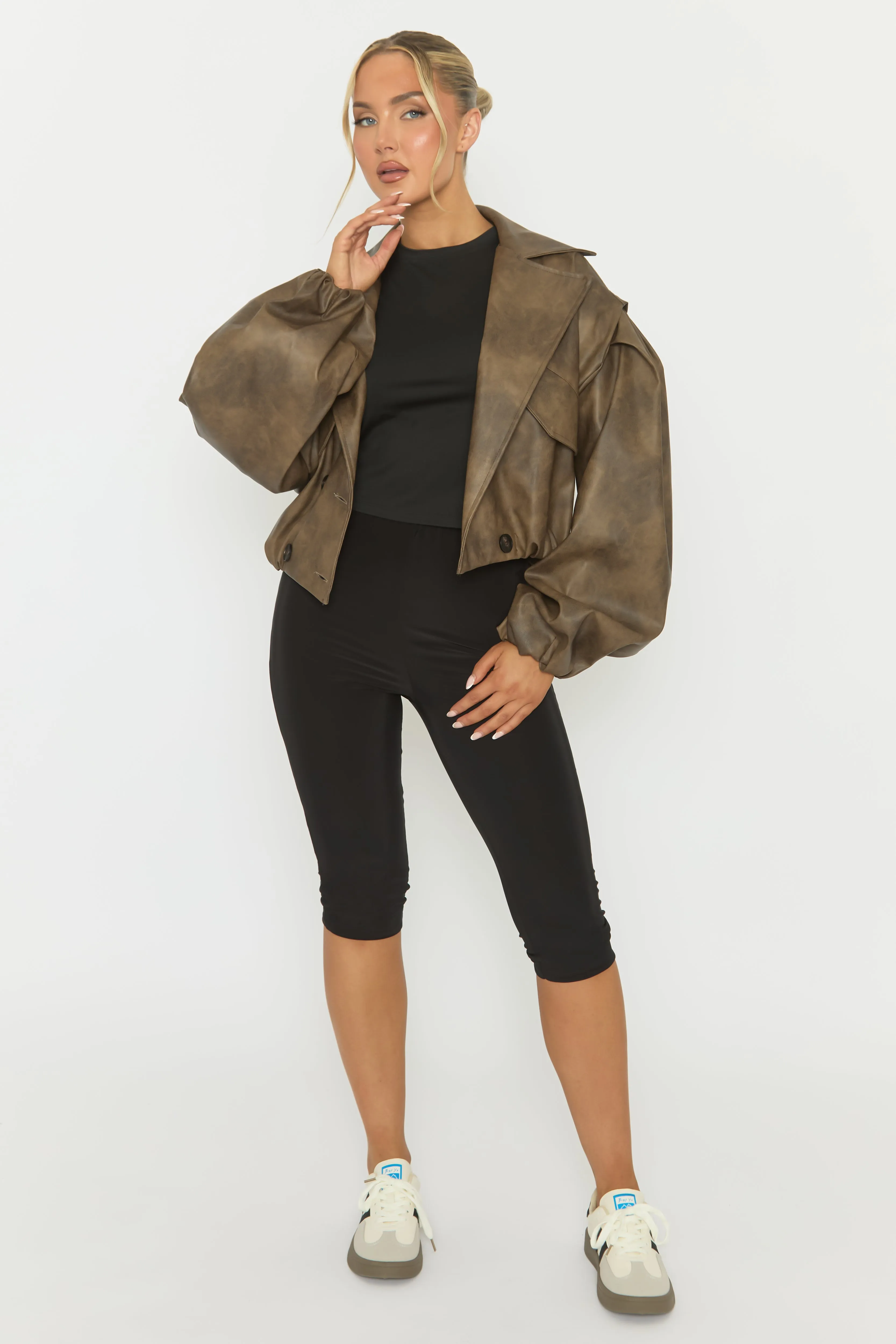 Brown Vintage Faux Leather Double Breasted Cropped Trench Coat - Kylea sold by Rebellious Fashion