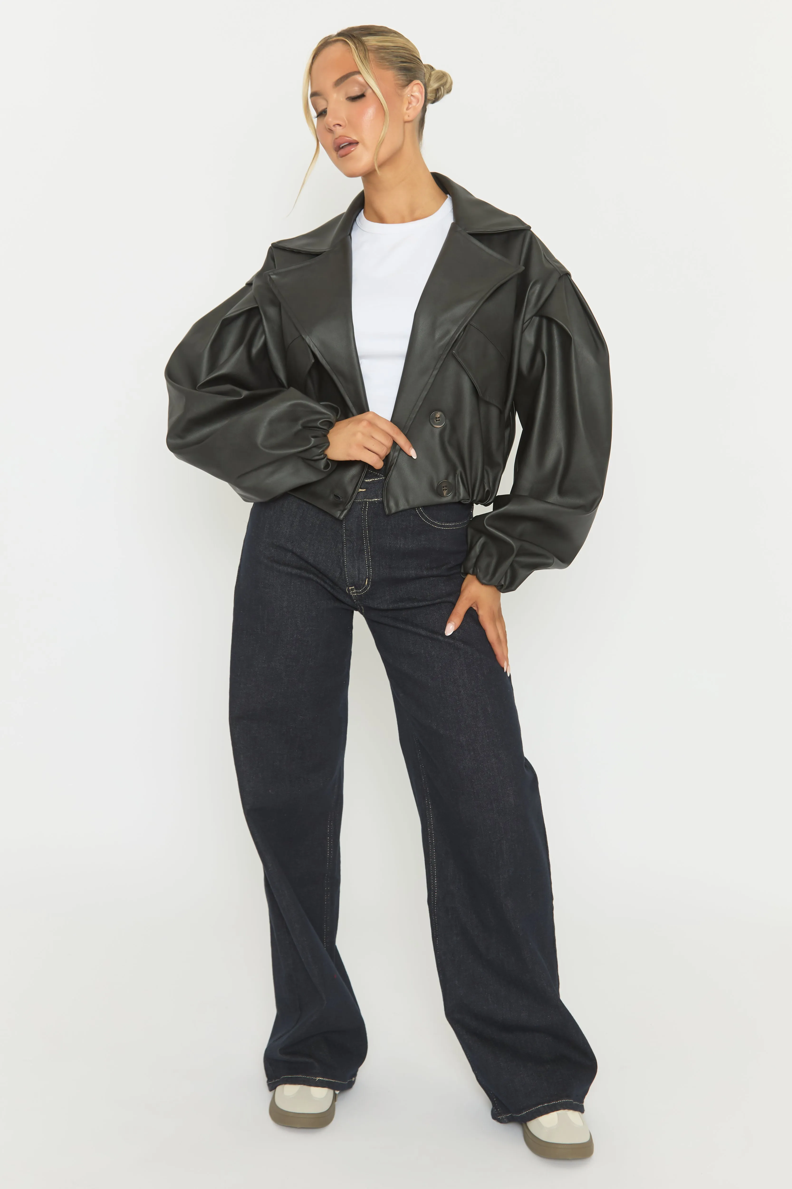 Black Faux Leather Double Breasted Cropped Trench Coat - Kylea sold by Rebellious Fashion product image thumbnail 2